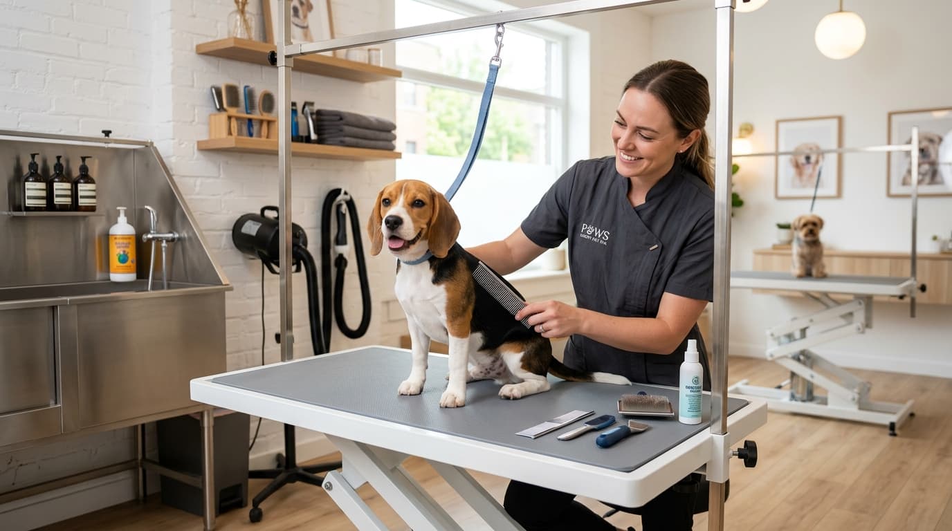 Groomer styling a Beagle puppy at Happy Pet Shop