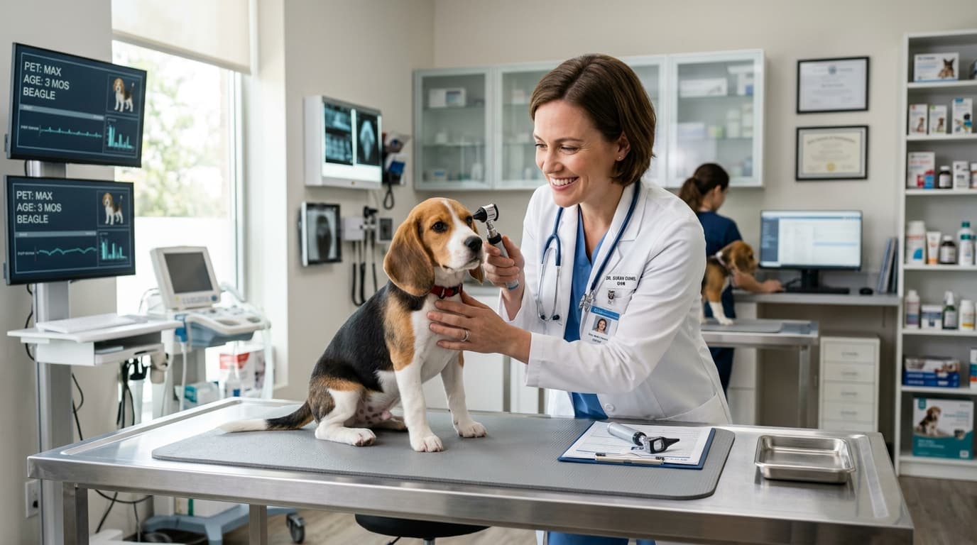 Veterinarian examining a Beagle puppy at the clinic