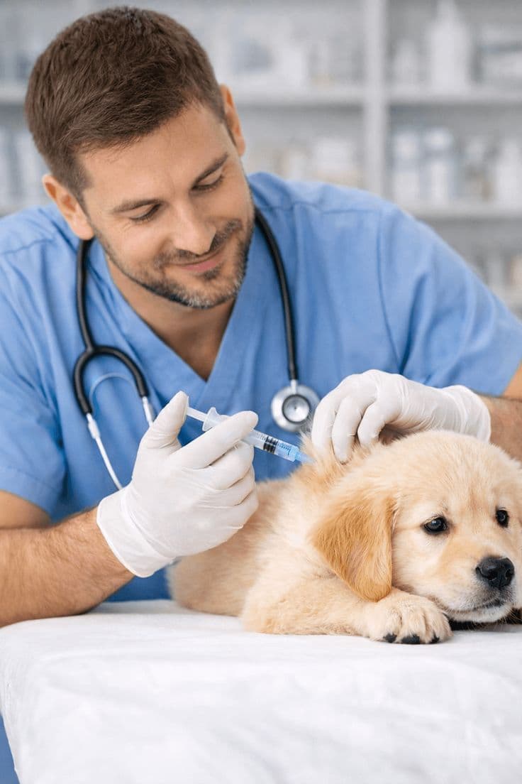 Golden retriever puppy receiving a vaccination