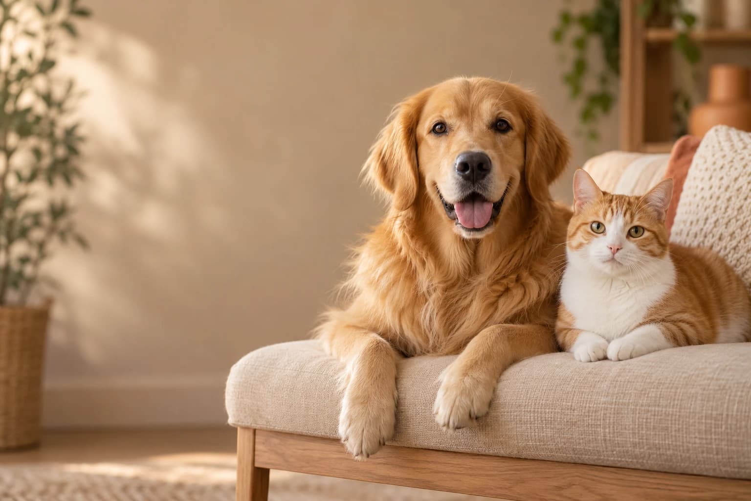 Illustration of a golden retriever and ginger-and-white cat relaxing together