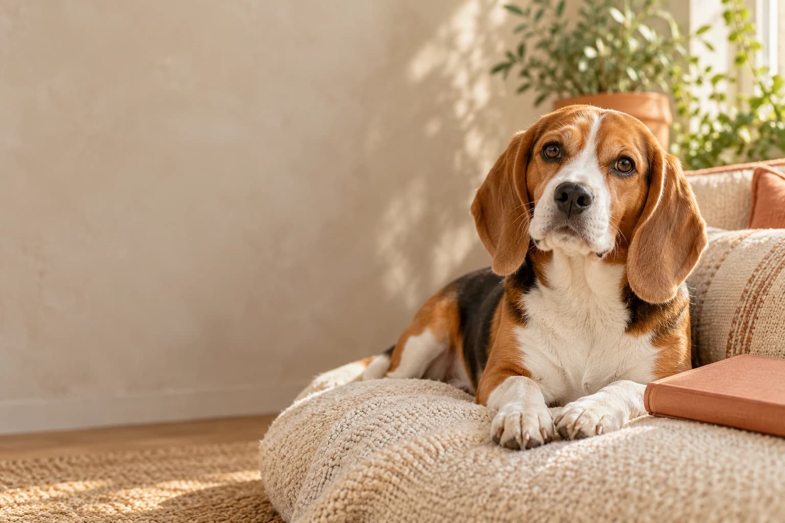Illustration of a Beagle relaxing beside a book in a warm reading corner
