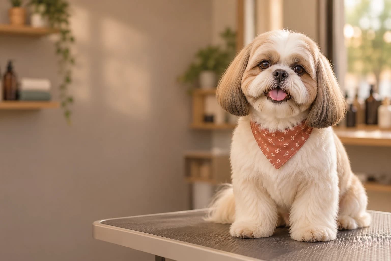 Illustration of a freshly groomed Shih Tzu in a warm, welcoming pet spa